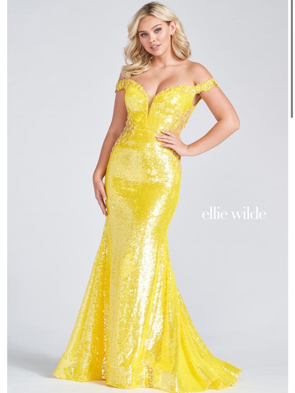 Ellie Wilde 122029 Yellow Sequin Off-Shoulder Mermaid Dress